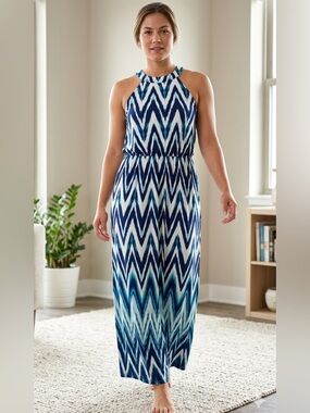 Trixxi Blue Chevron Halter Maxi Dress